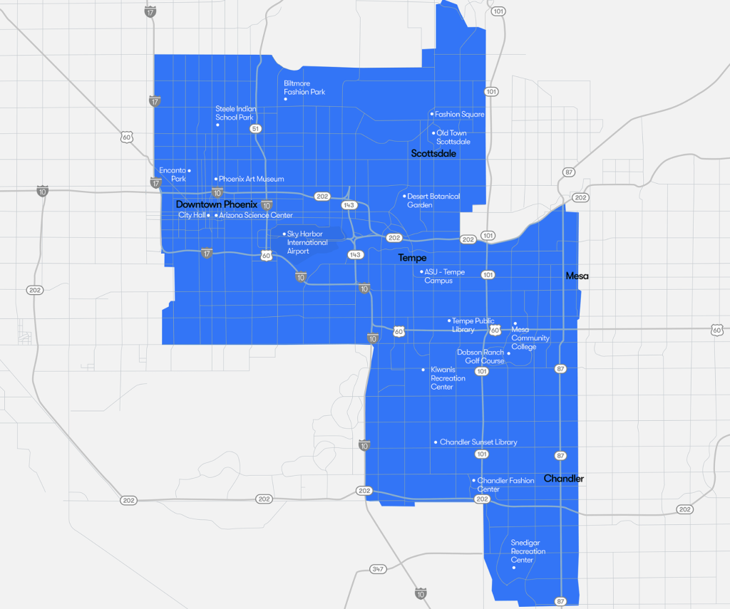 L'area coperta da Waymo One a Phoenix